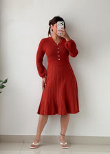 Size S-M Rust Red Ribbed Pleated Midi Dress
