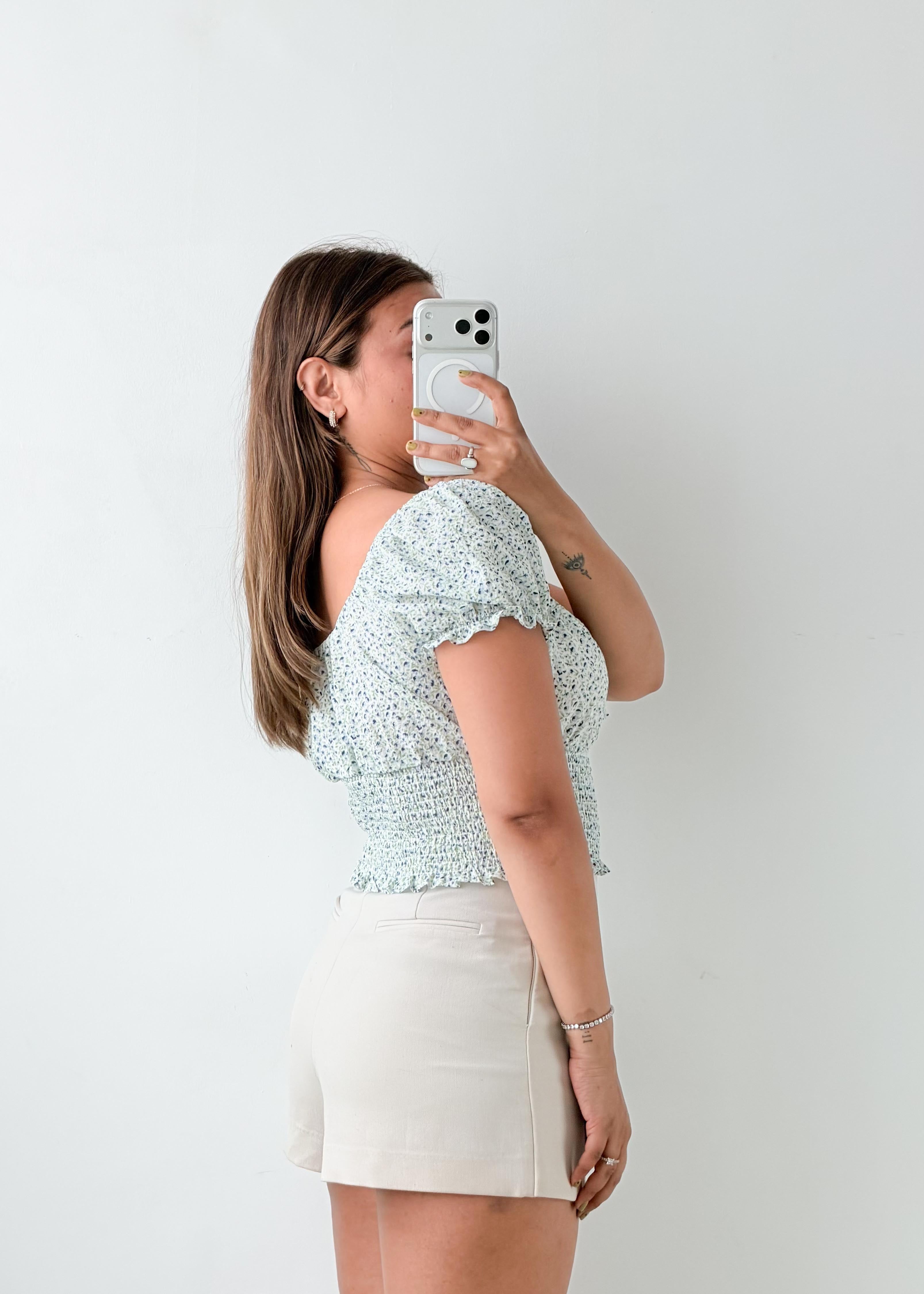 Size S-M White Floral Smocked Crop Top