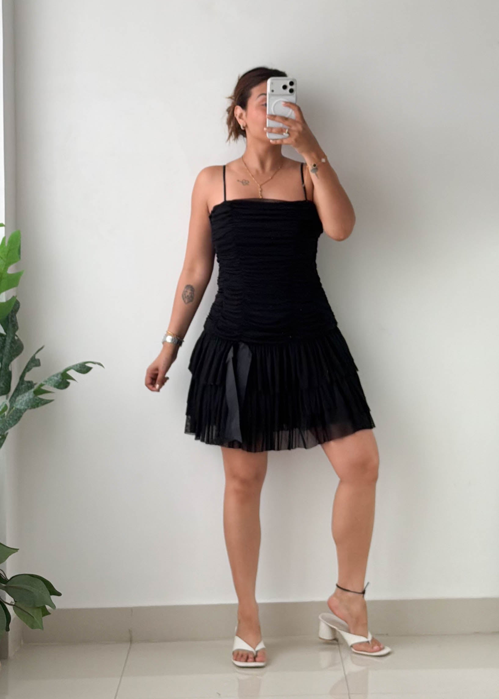 Size M Black Ruched Pleated Mini Dress