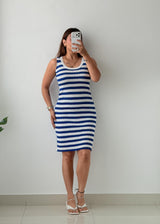 Size S-M Blue & White Stripe Ribbed Knit Midi Dress
