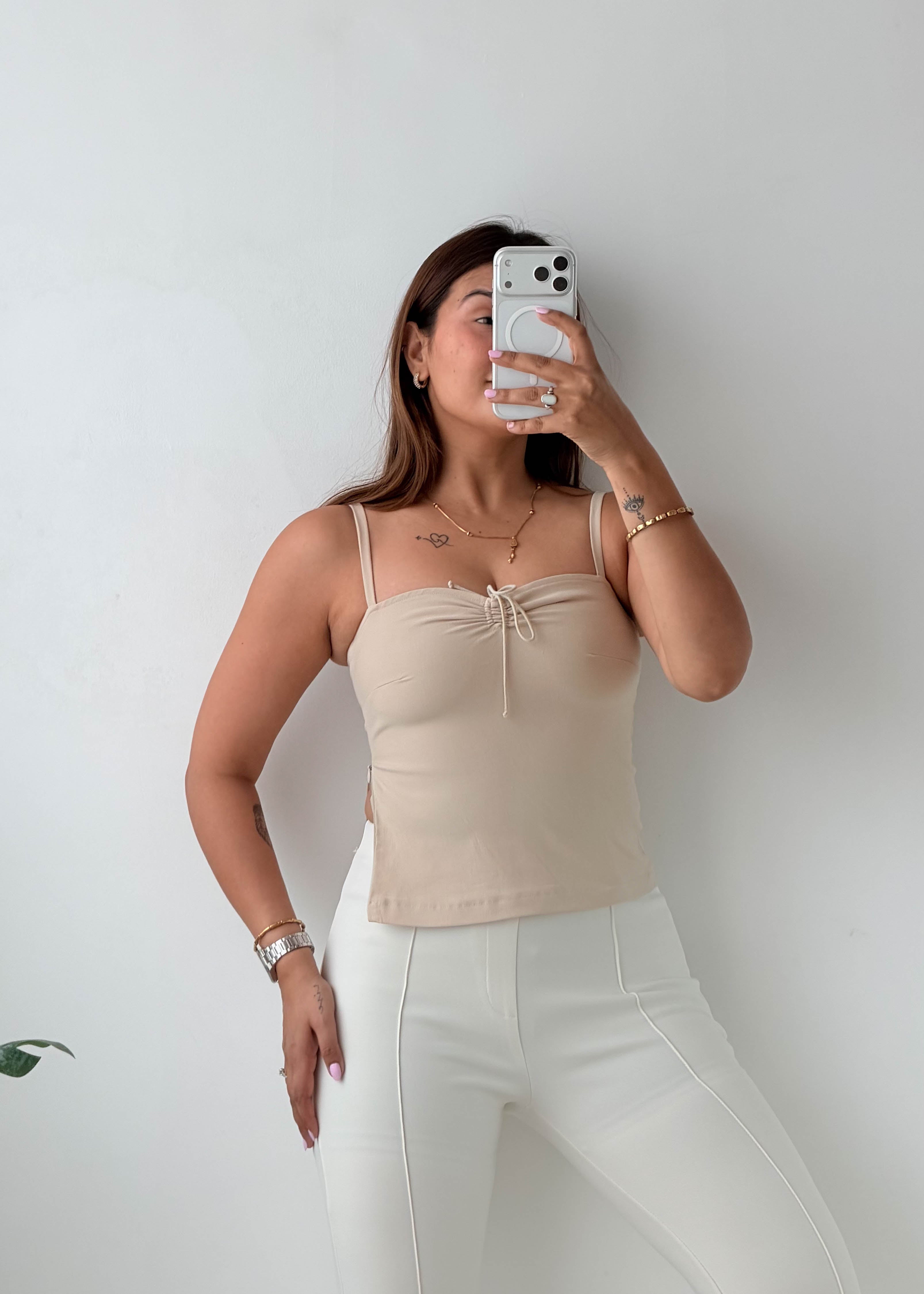 Size XXS-XS Beige Ruched Cami Top