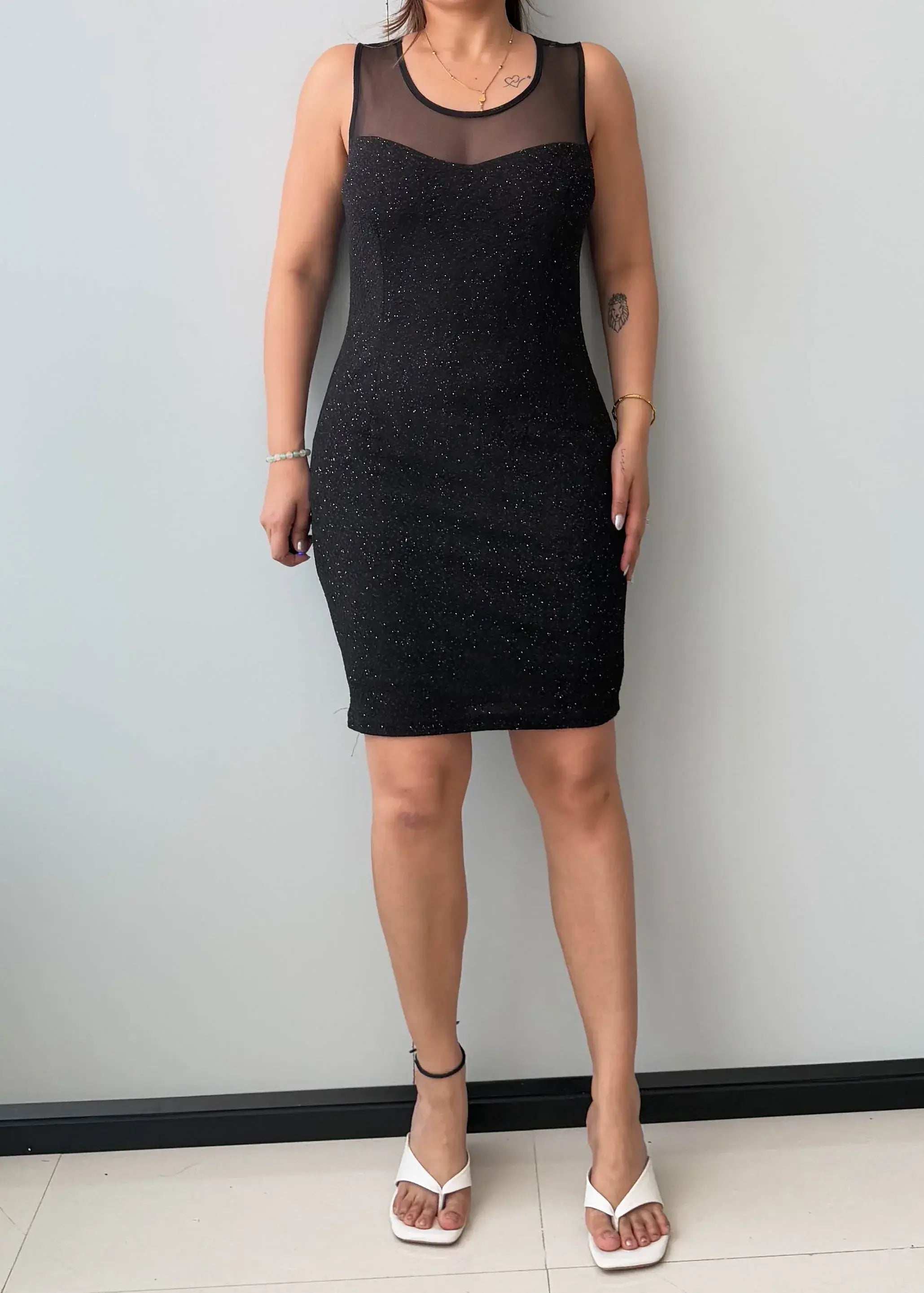 Size M-L, Black Sheer Neck Bodycon Mini Dress - Closet by Payal