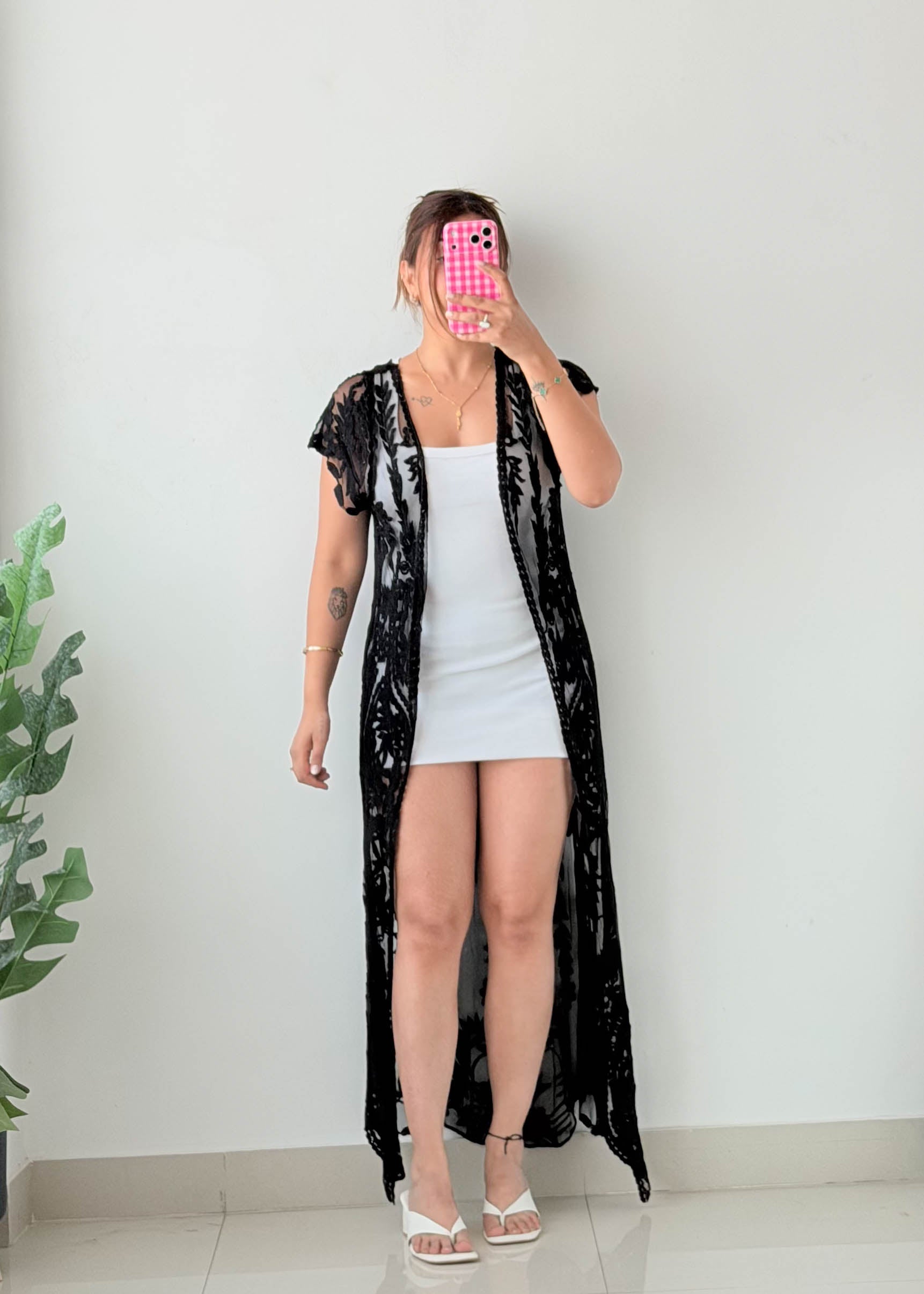 Free Size Black Embroidered Mesh Shrug