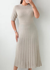 Size L-XL Ivory Ribbed Pleated Midi Dress