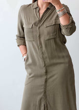 Size XS-S Olive Green Soft Cotton Utility Shirt Dress