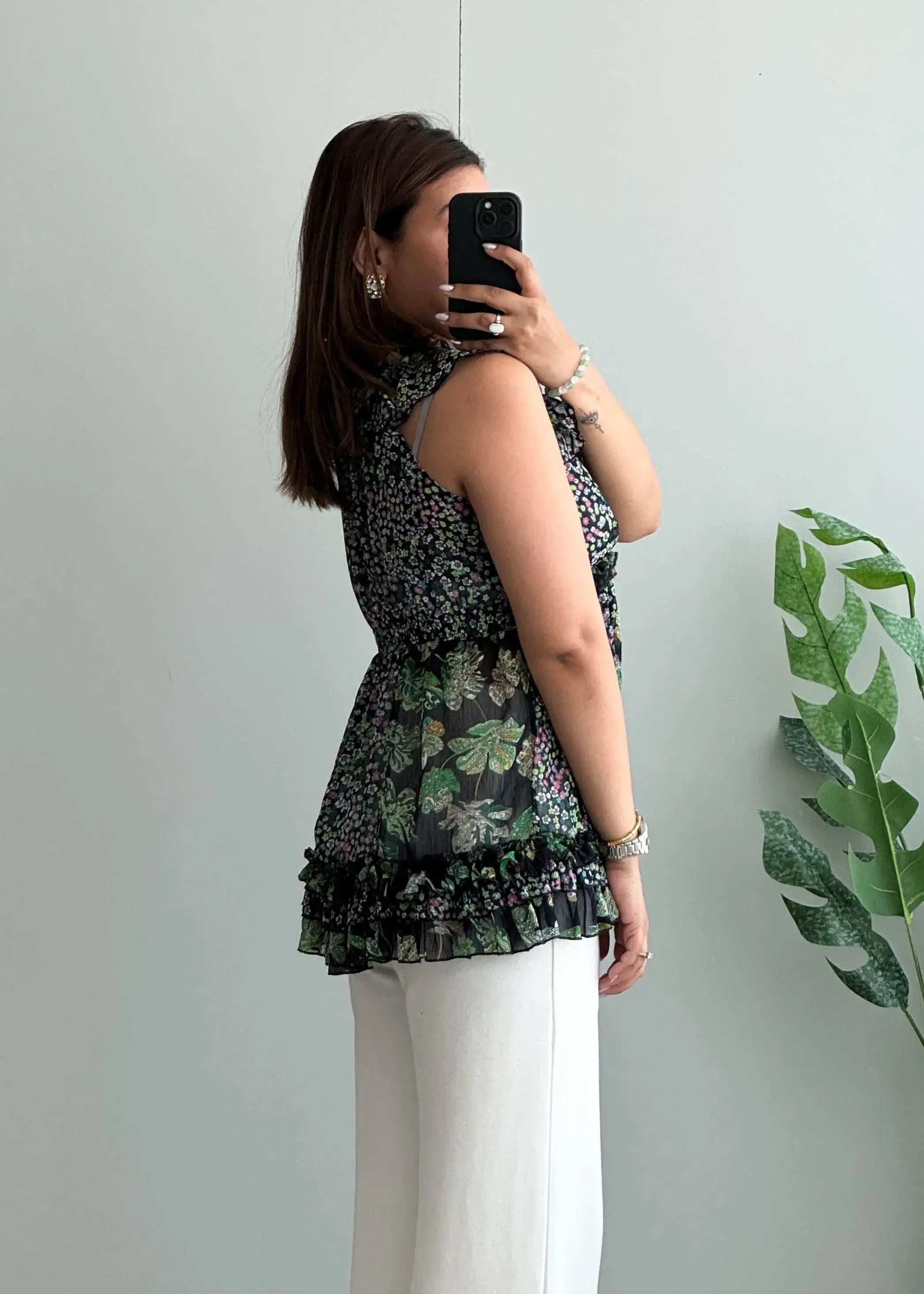 Size XS-S, Green Floral Ruffle Sleeveless Peplum Top for Women - Closet by Payal
