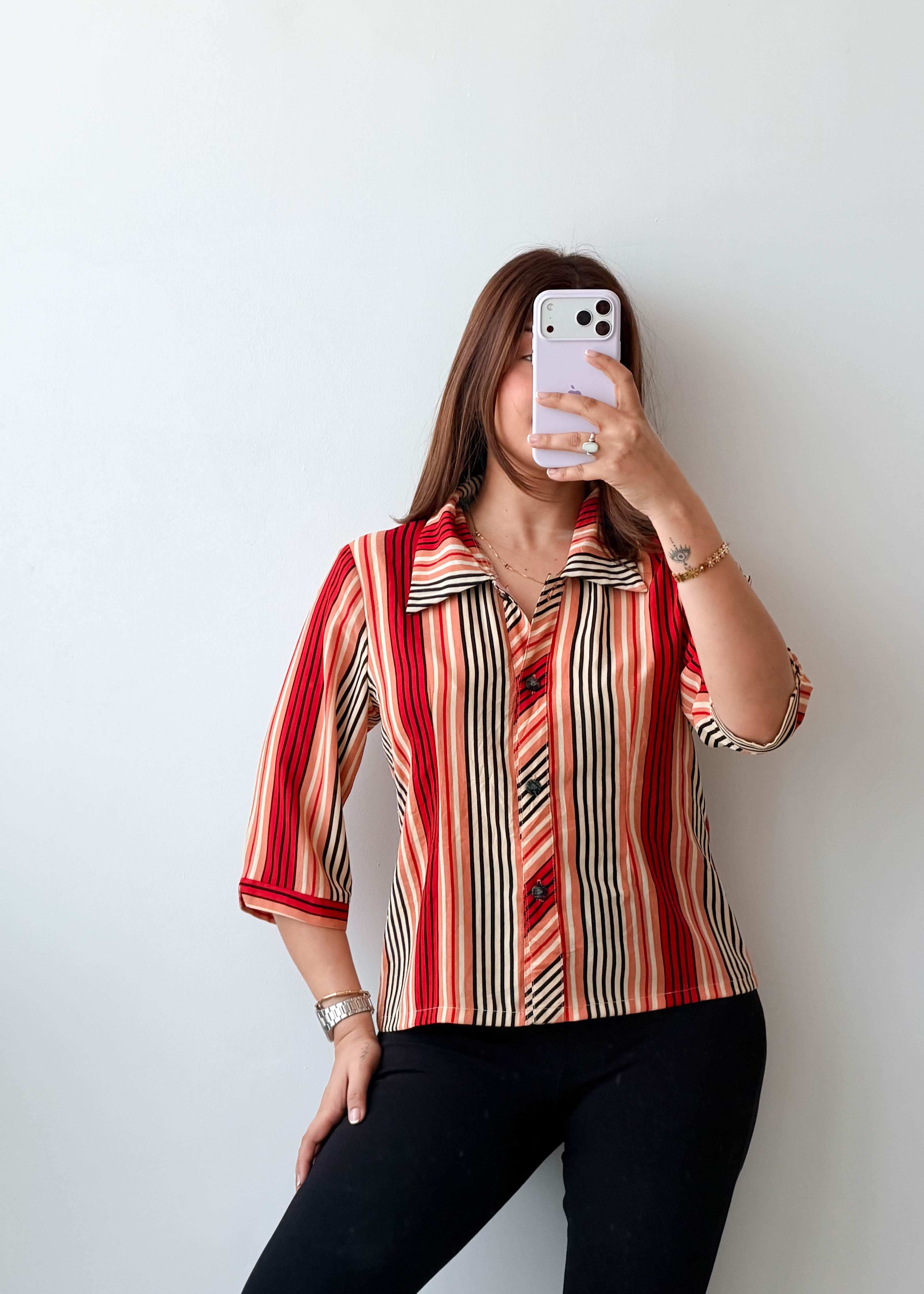 Size XS-S Red Multicolor Stripe Shirt Top