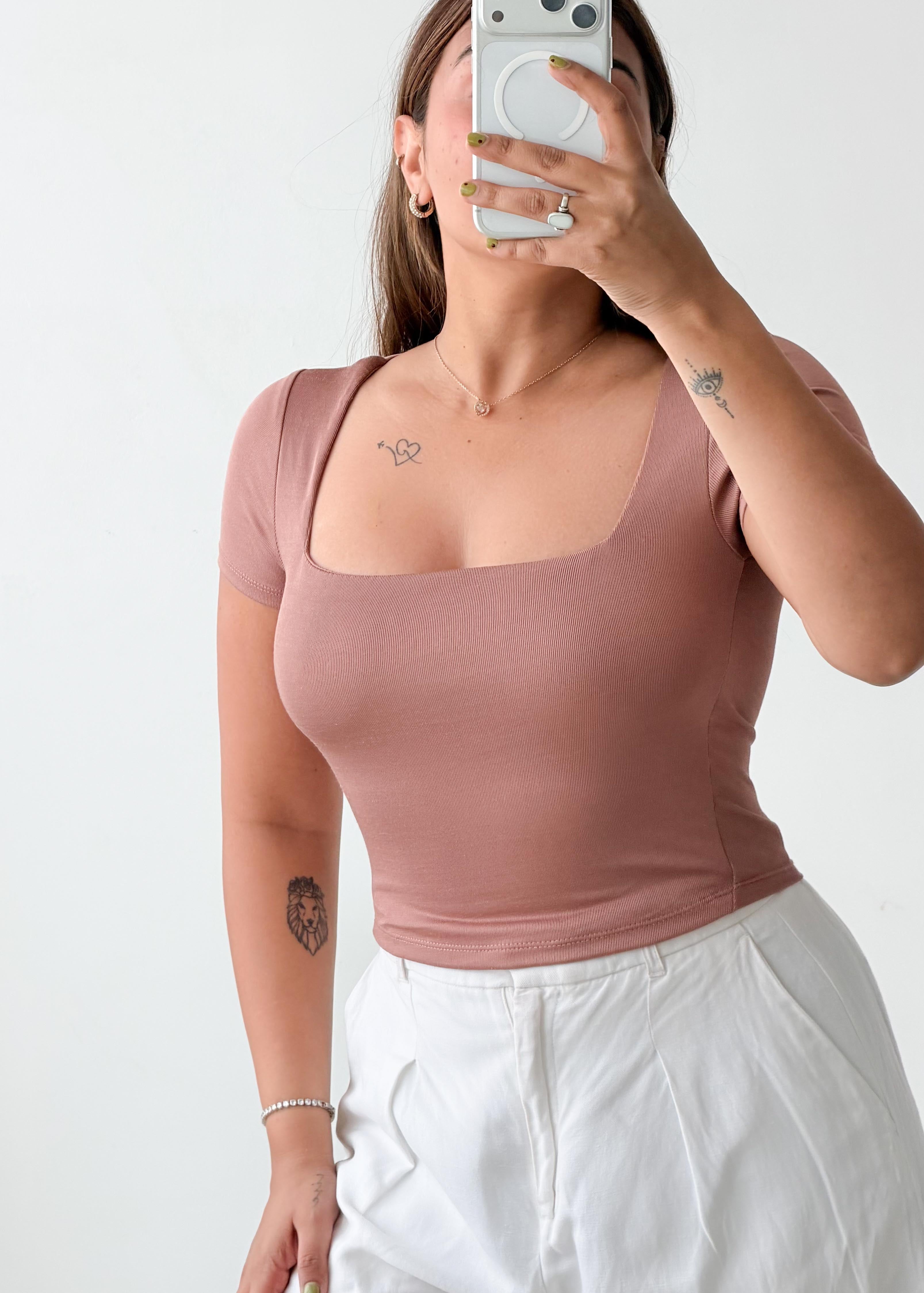 Size XS-S Dusty Rose Square Neck Top
