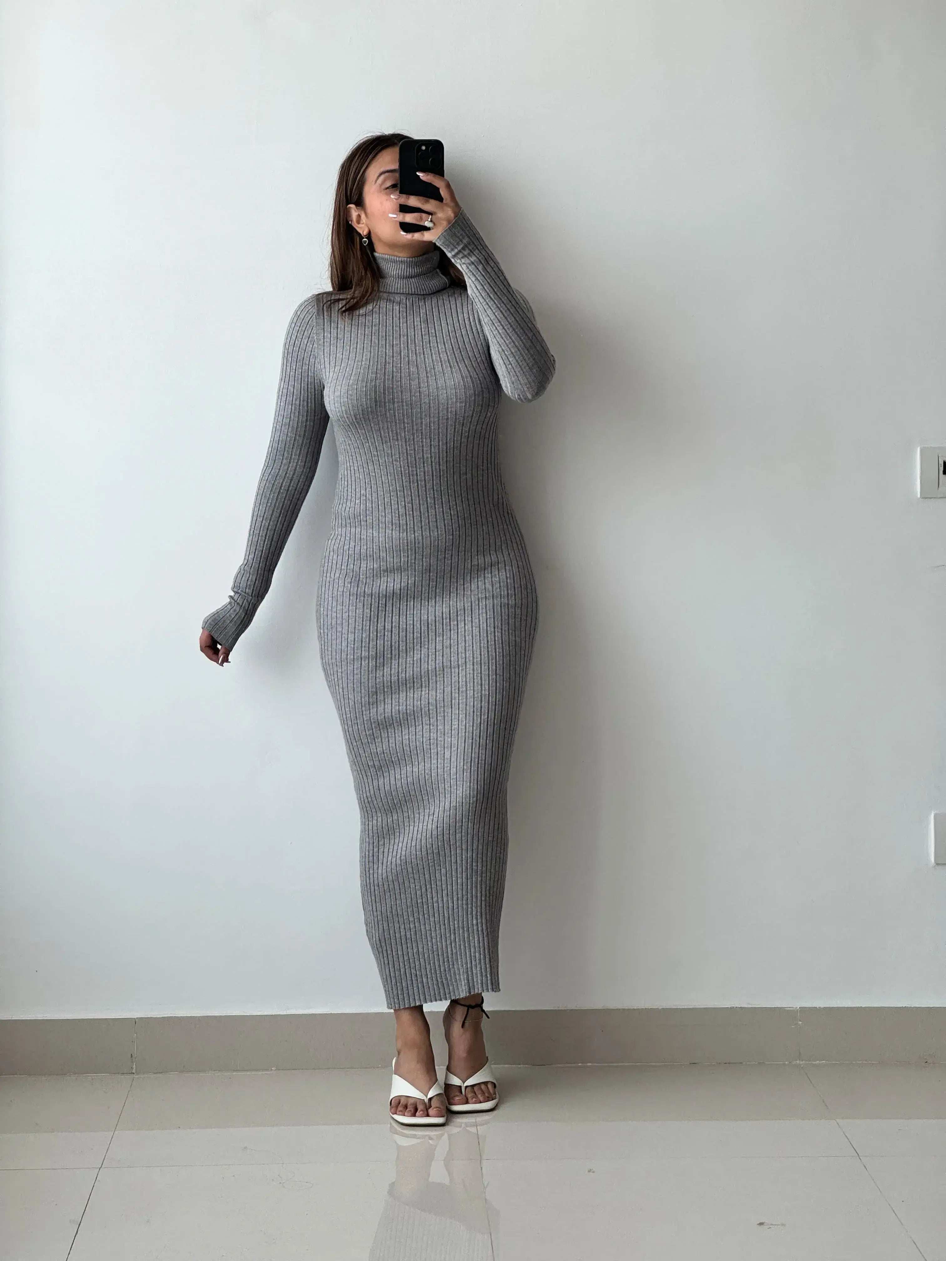 Size XS-M, Grey High Neck Ribbed Maxi Dress