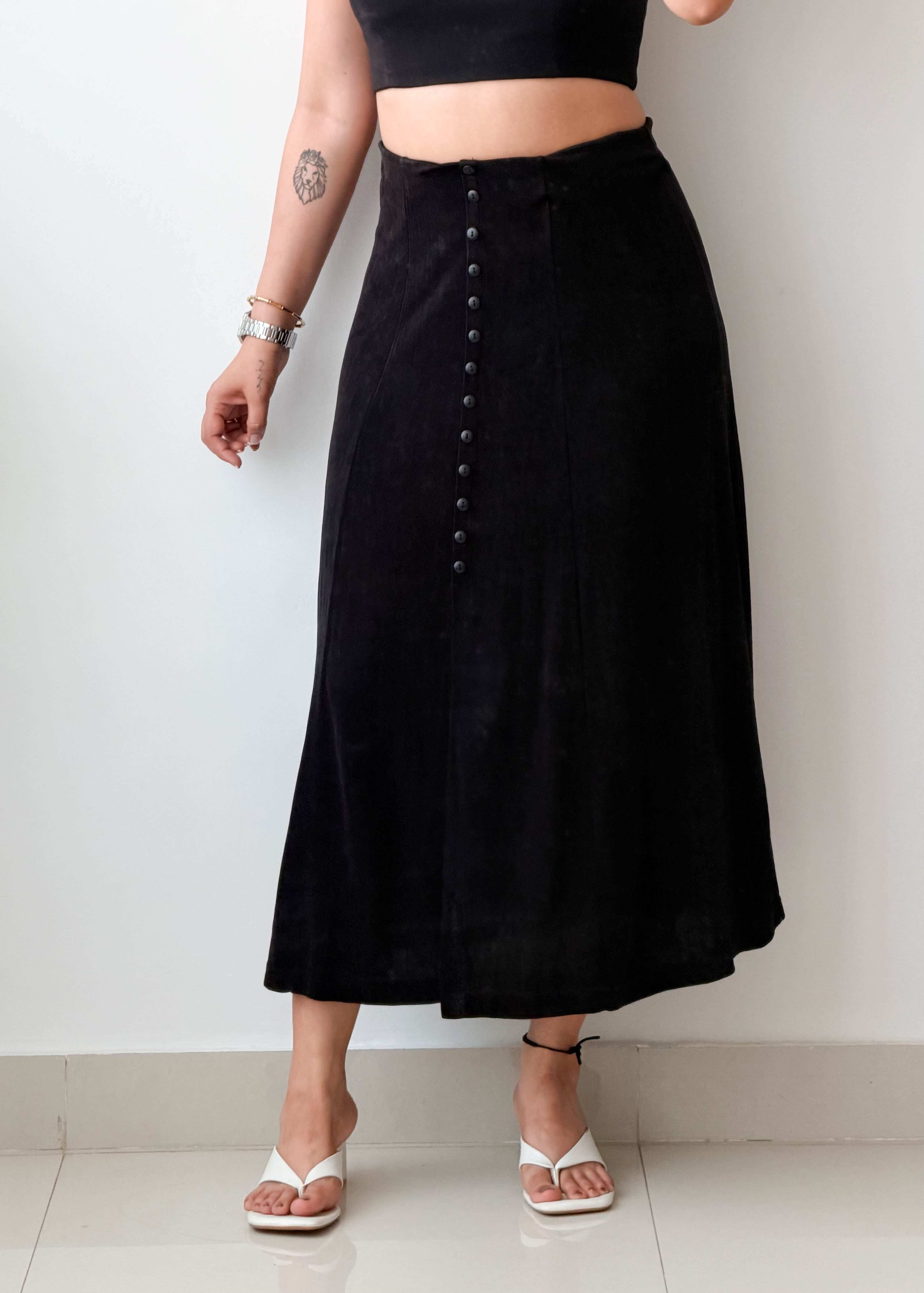 Waist 30-32 Black Button Midi Skirt