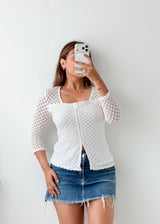 Size M-L White Textured Button Top