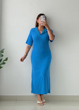 Size L-XL Blue Collared Knit Maxi Dress