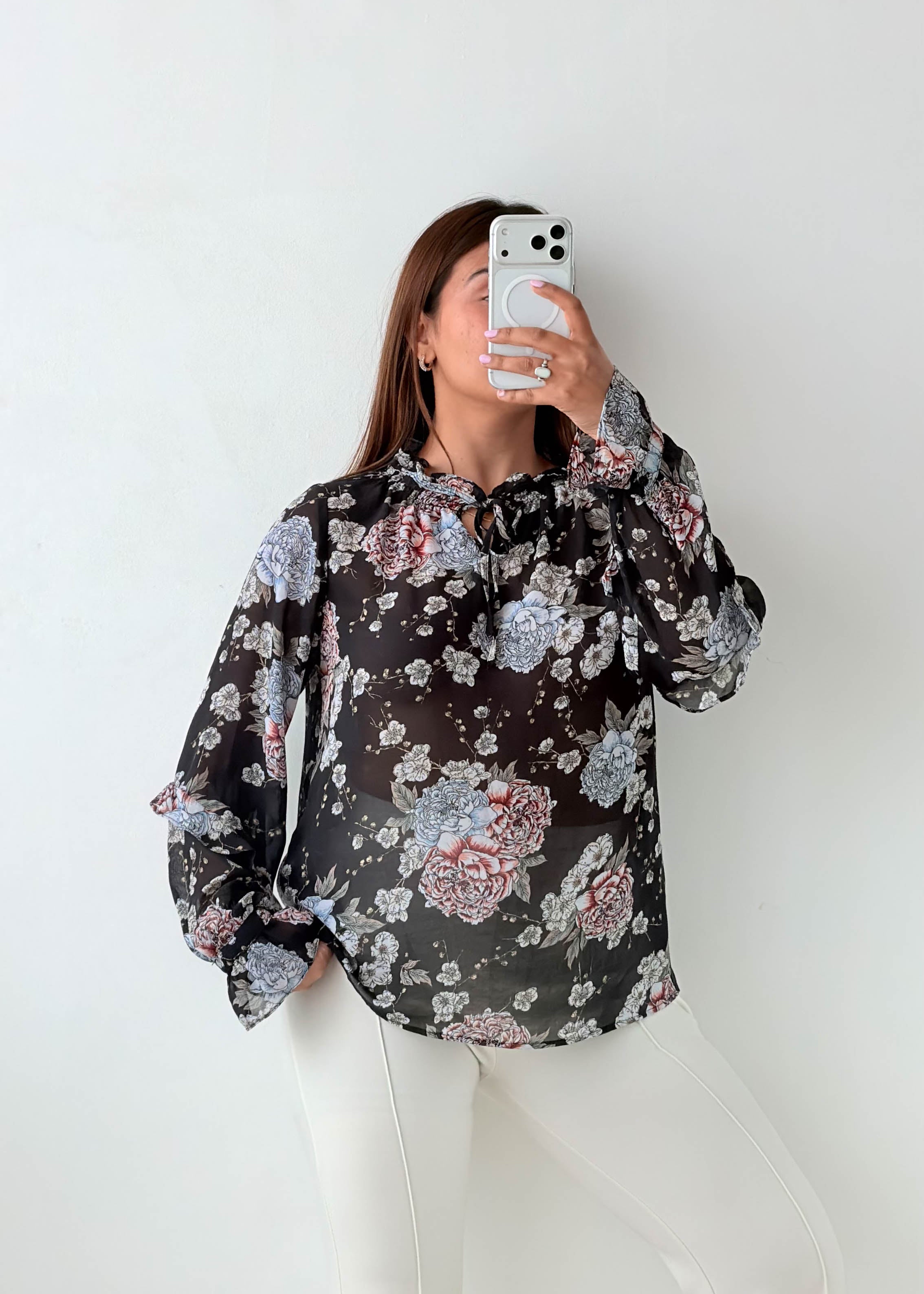 Size XS-S Black Floral Sheer Top