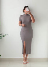 Size S-M Taupe Mock Neck Slit Midi Dress