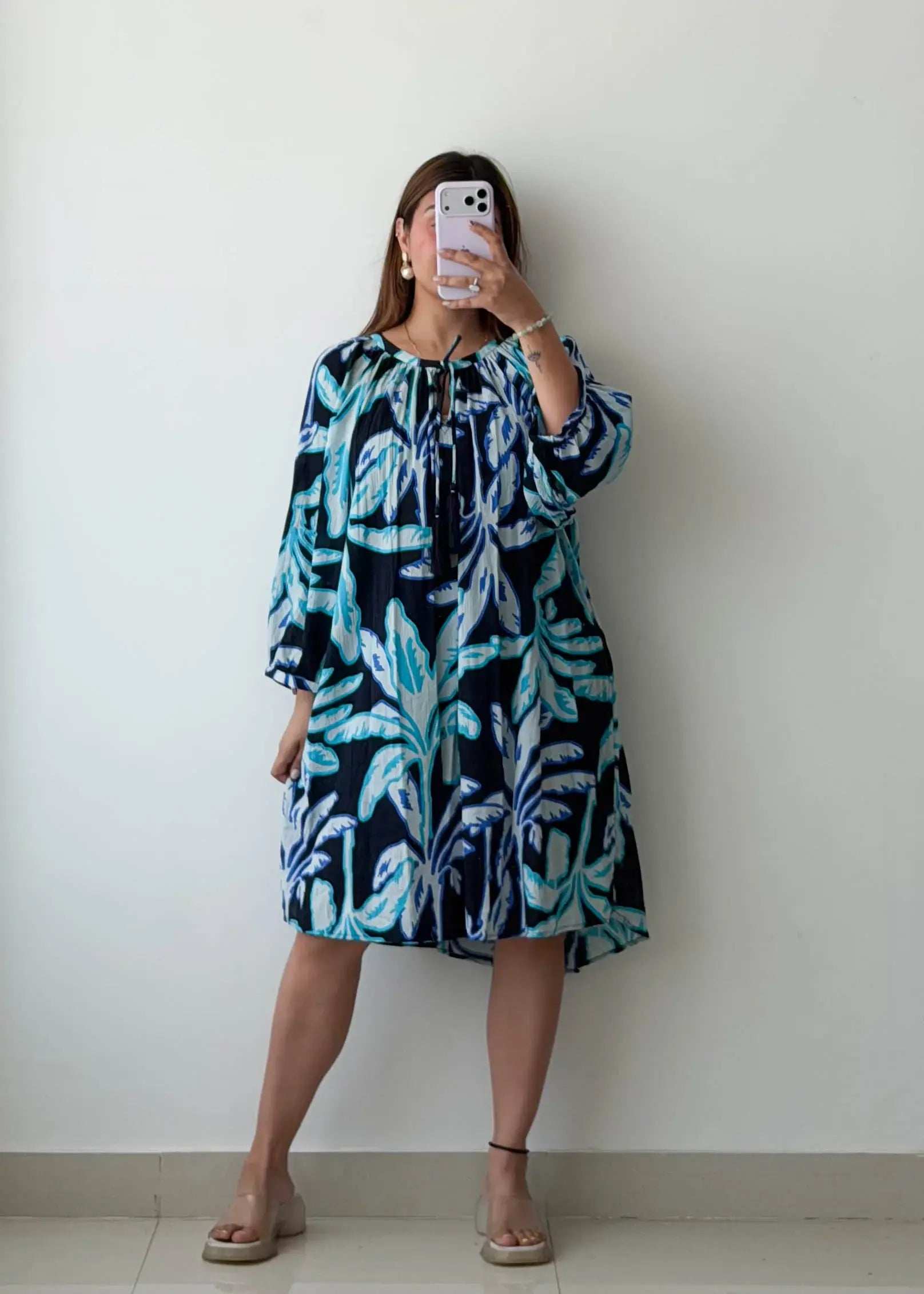 Size L-XL, Blue Abstract Print Flowy Dress