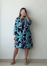 Size L-XL, Blue Abstract Print Flowy Dress