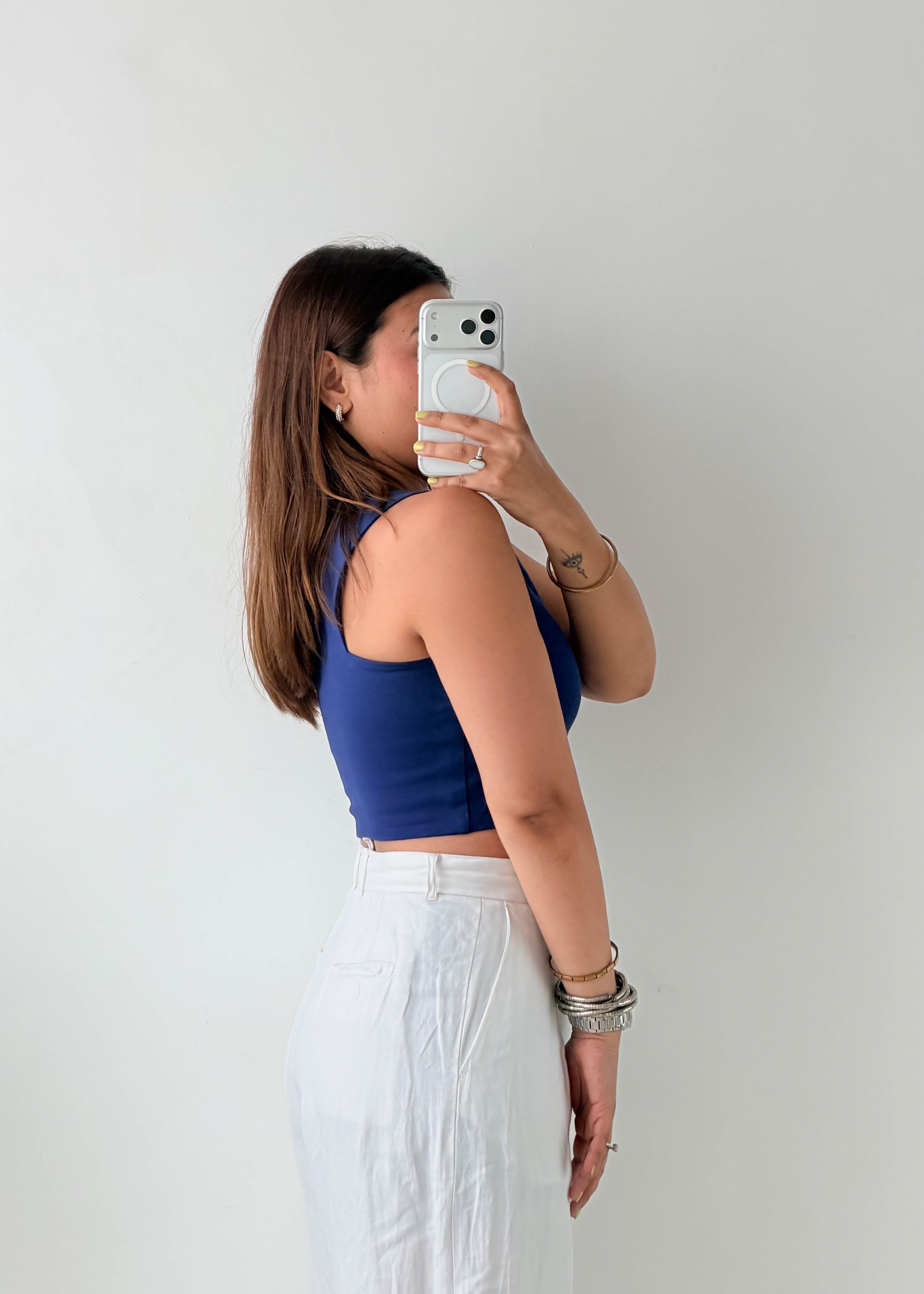 Size S-M Navy Asymmetric Hem Crop Top