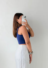 Size S-M Navy Asymmetric Hem Crop Top