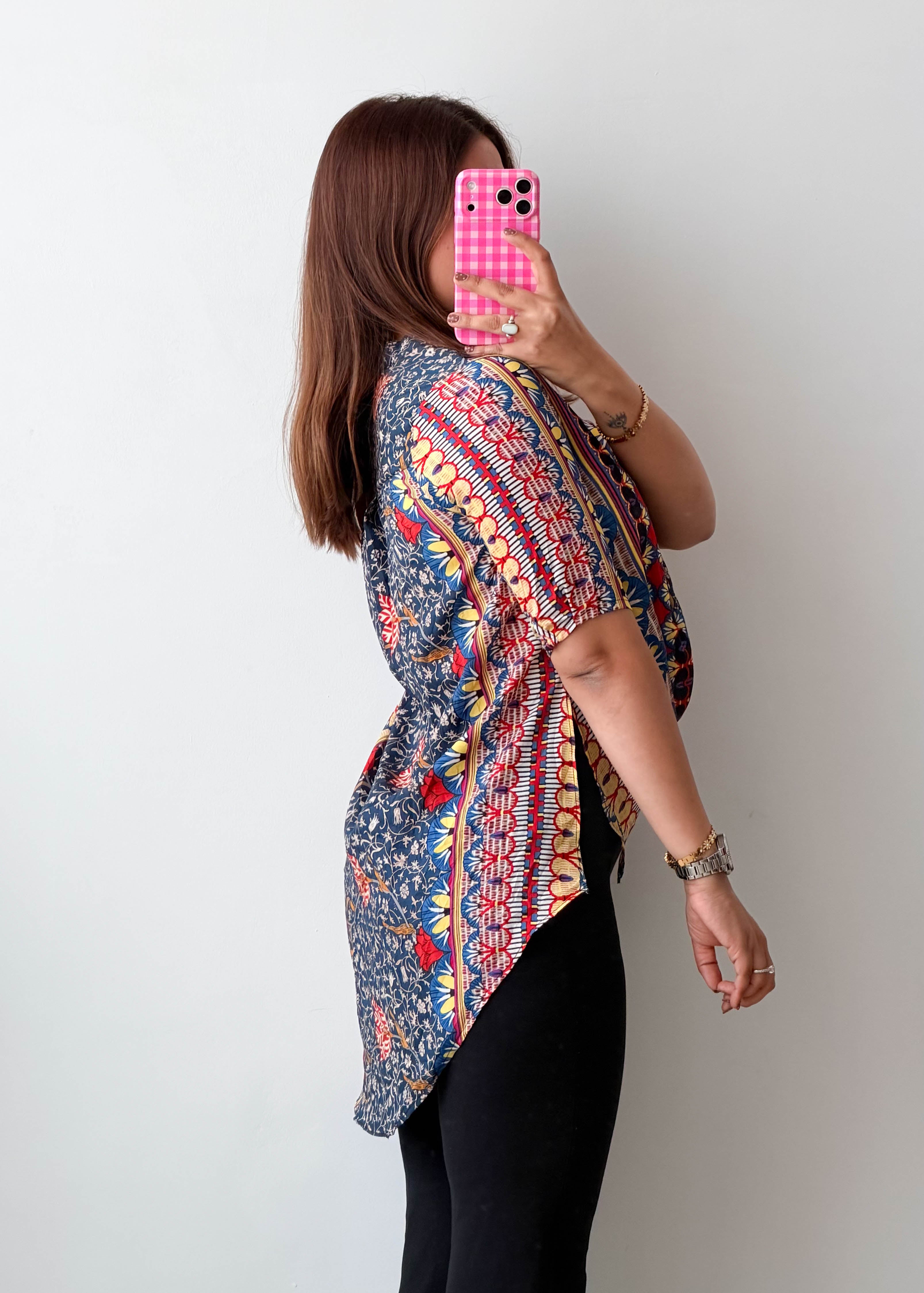 Size XS-S Multicolor Boho Print High-Low Tunic Top