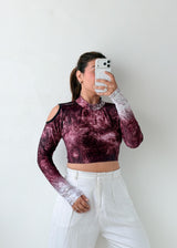 Size S-M Burgundy Marble Cold Shoulder Top