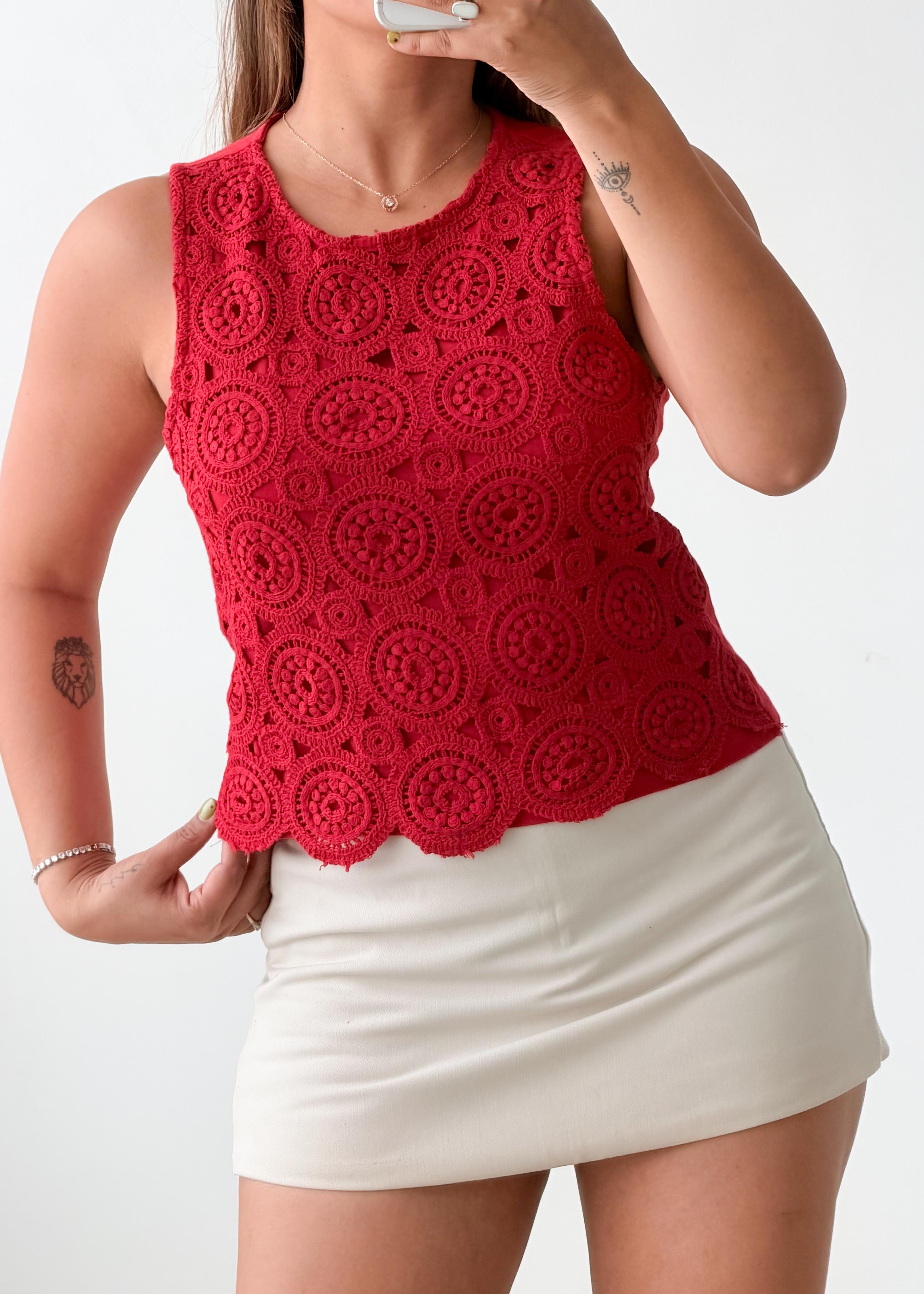 Size S-M Red Crochet Lace Top