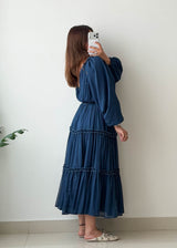Size XS-S Navy Tiered Chiffon Midi Dress