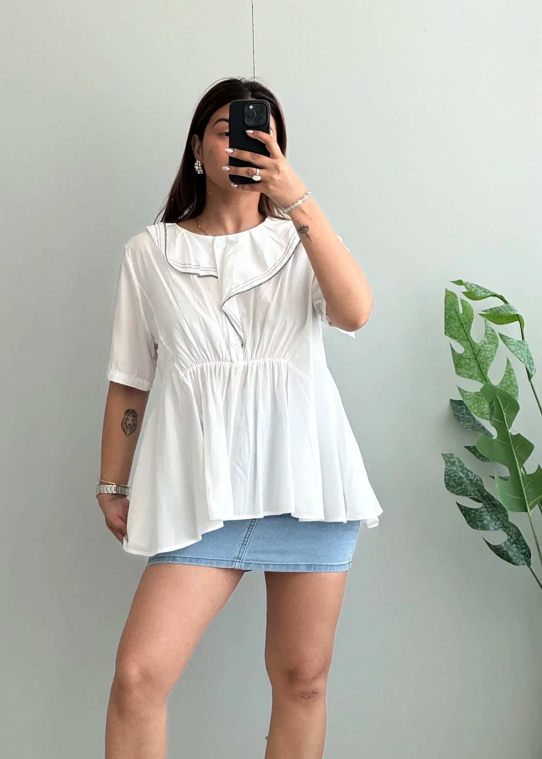 Size M-L, White Sailor Collar Peplum Top for Women - Closet by Payal