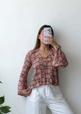 Size S-M Brown Printed V-Neck Top