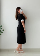 Size M-L Black Contrast Collar Ribbed Knit Midi Dress