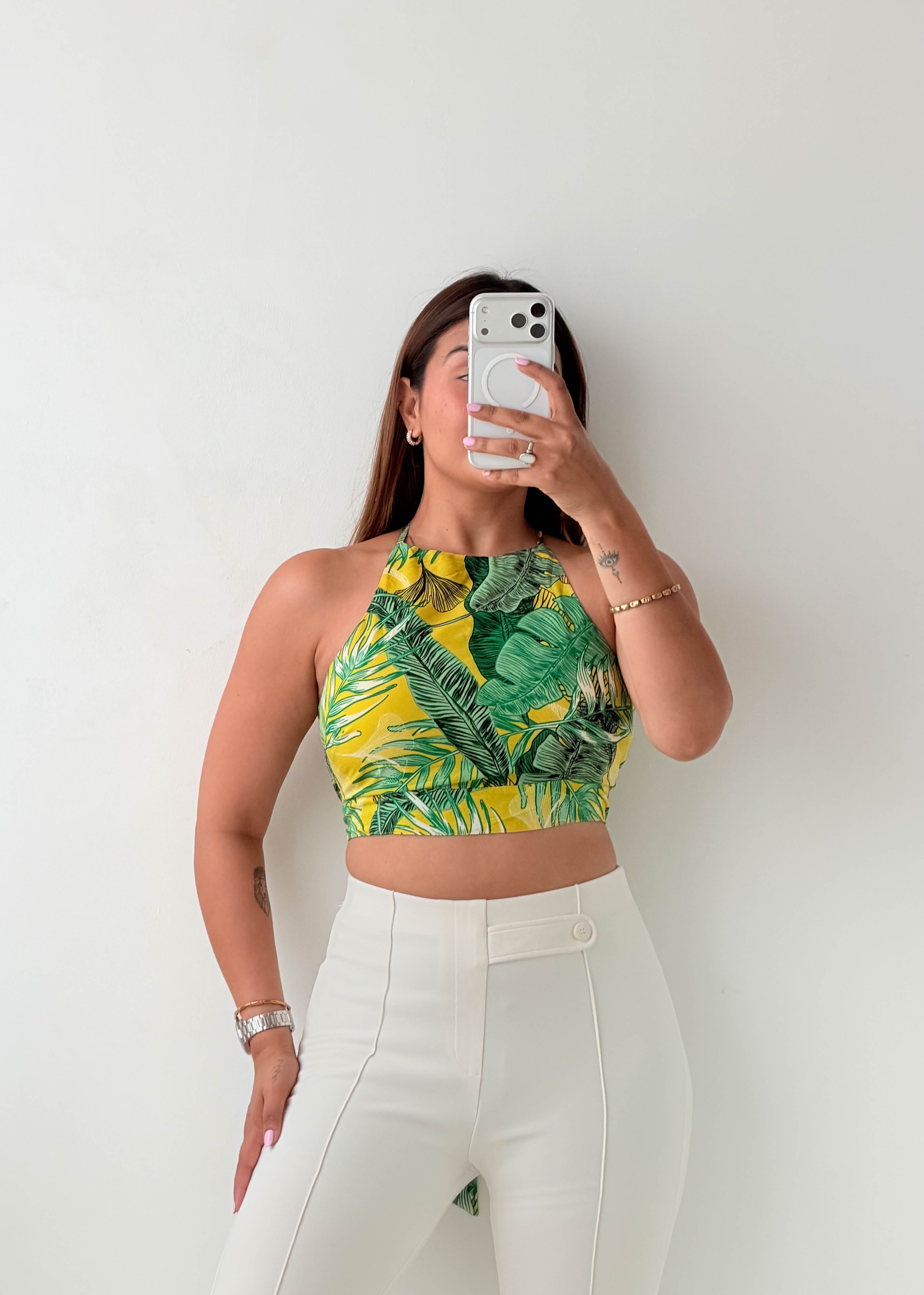 Size XS-S Green Tropical Halter Crop Top