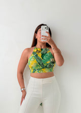 Size XS-S Green Tropical Halter Crop Top