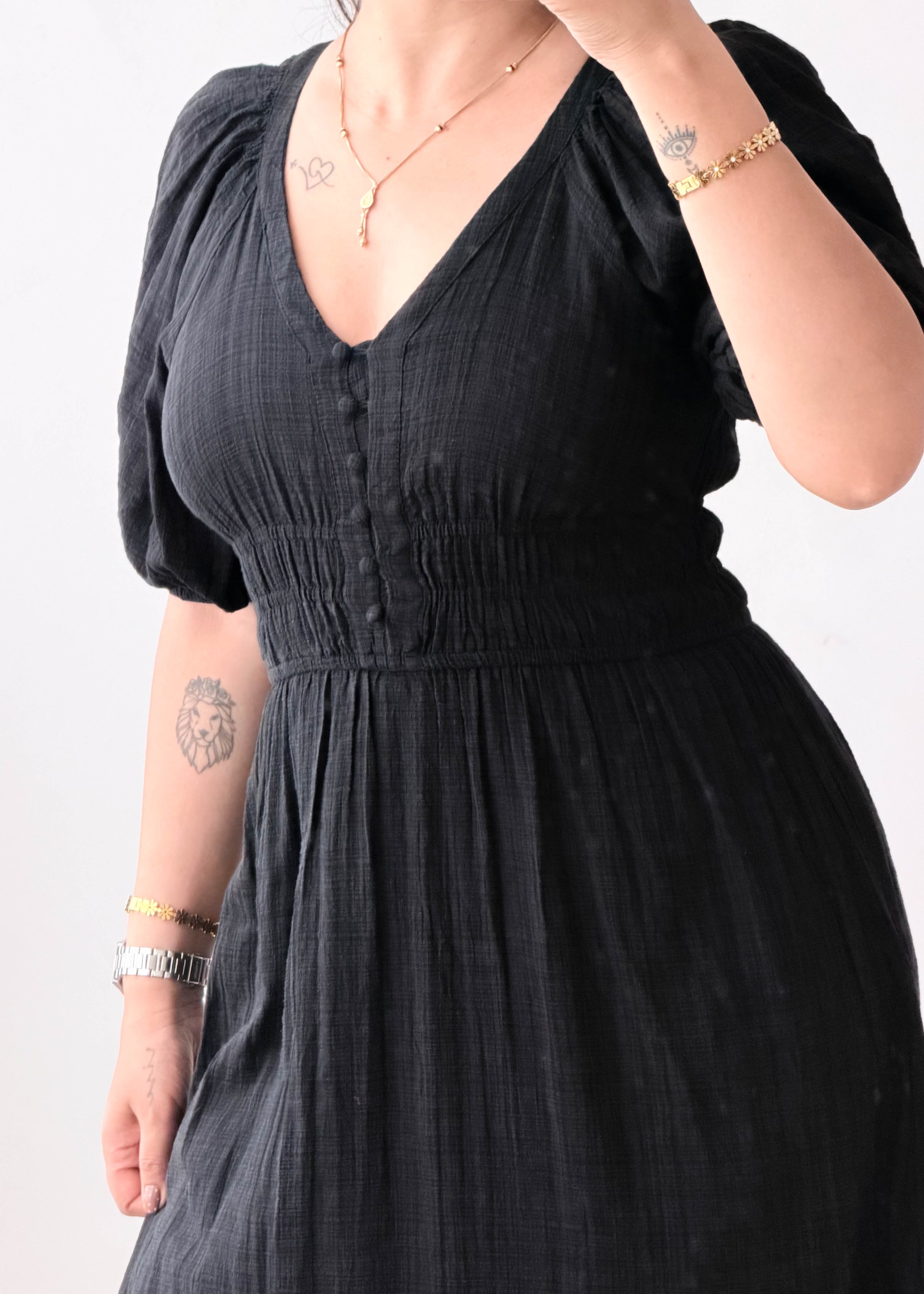XS-S Black Puff Sleeve Midi Dress