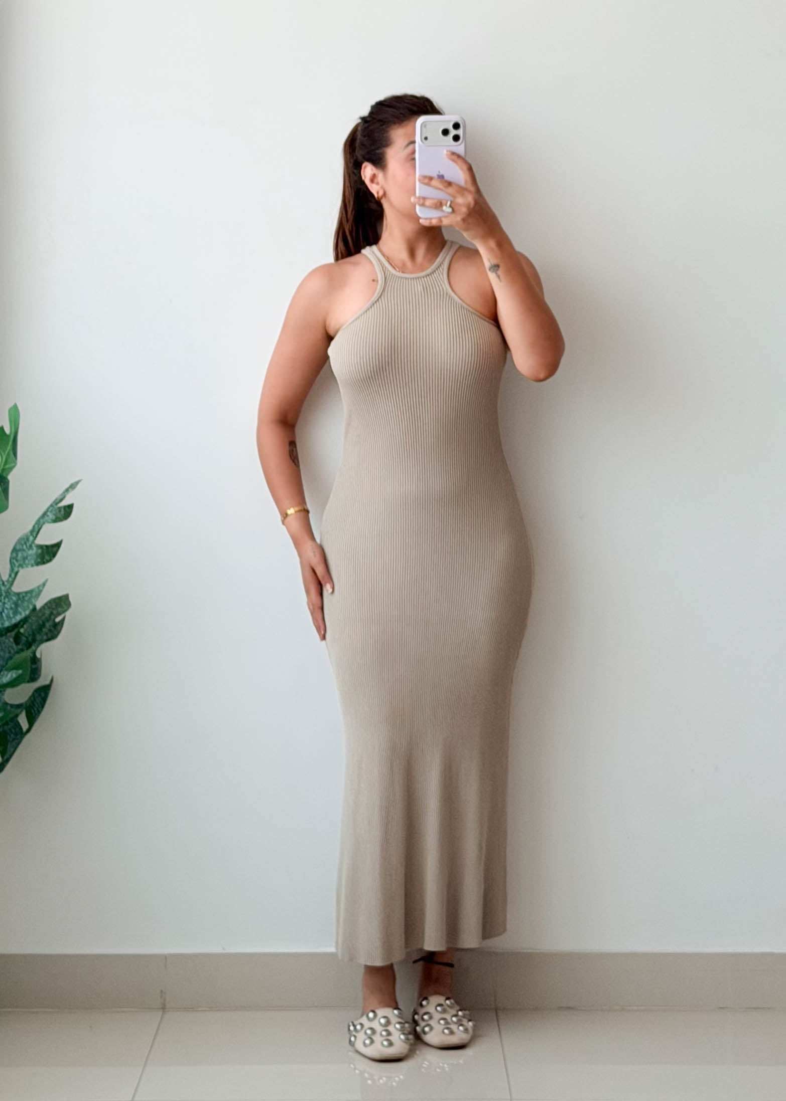 Size XS-S Beige Ribbed Maxi Dress