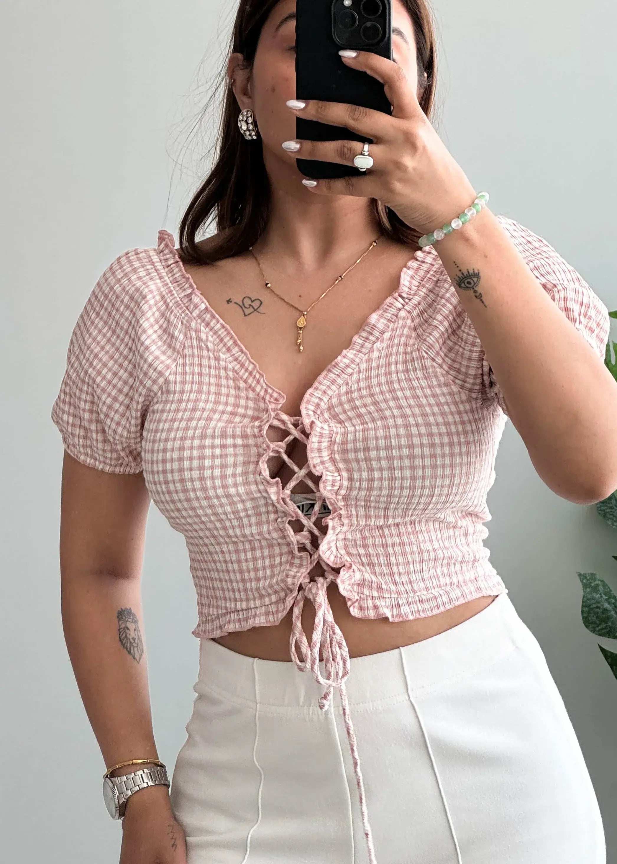 Size XS-S, Ruched Gingham Crop Top with Puff Sleeves - Closet by Payal