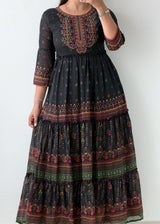 Size XS-S Black Ethnic Print Tiered Maxi Dress
