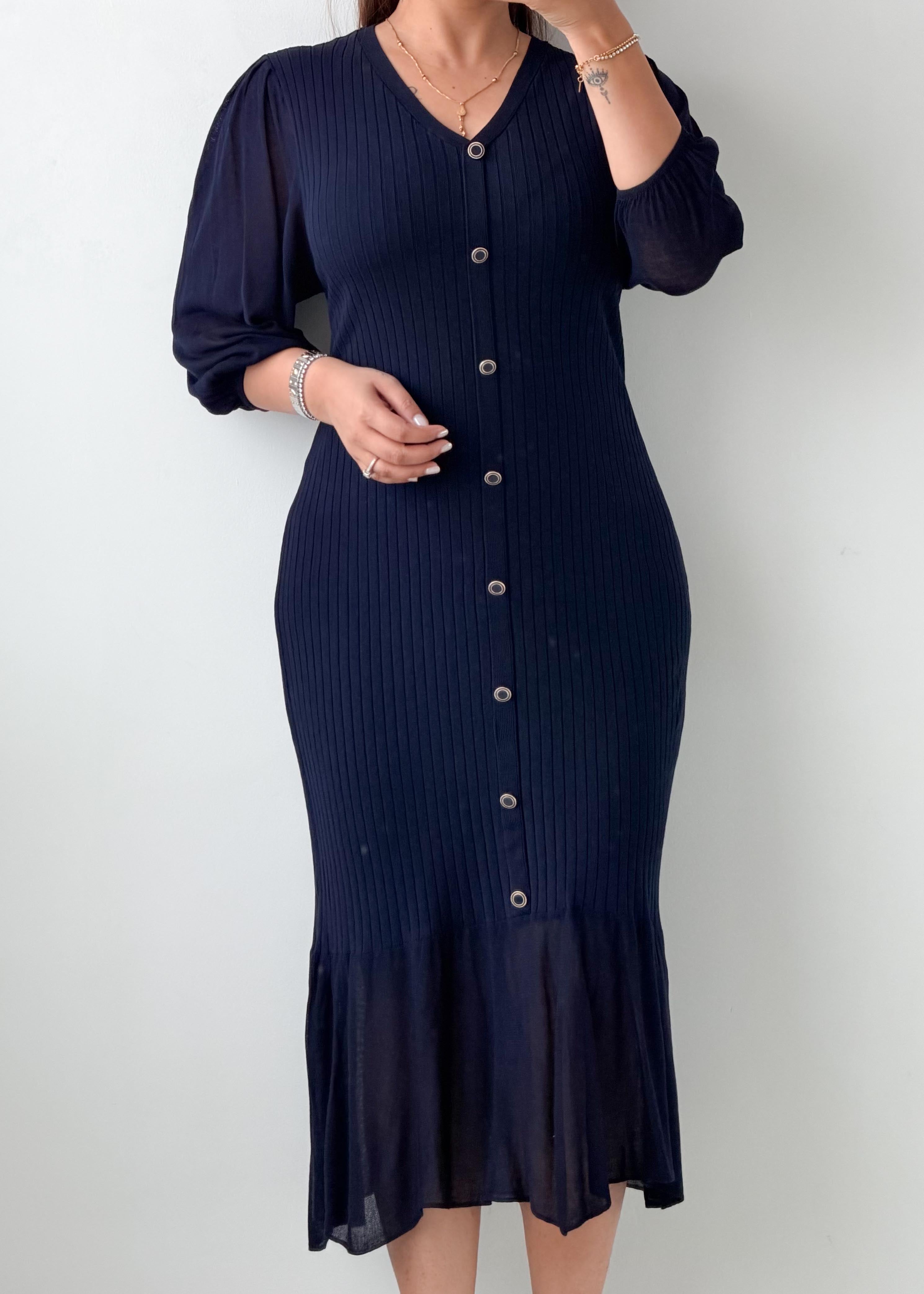 Size M-L Navy Blue Button-Front Midi Dress