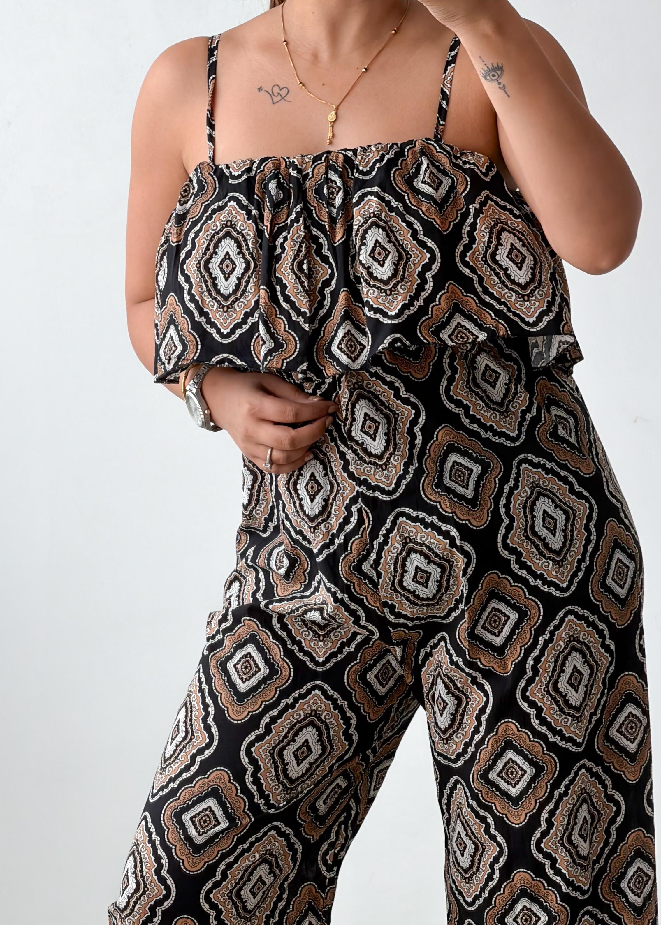 Size S-M Brown Geometric Print Wide-Leg Jumpsuit