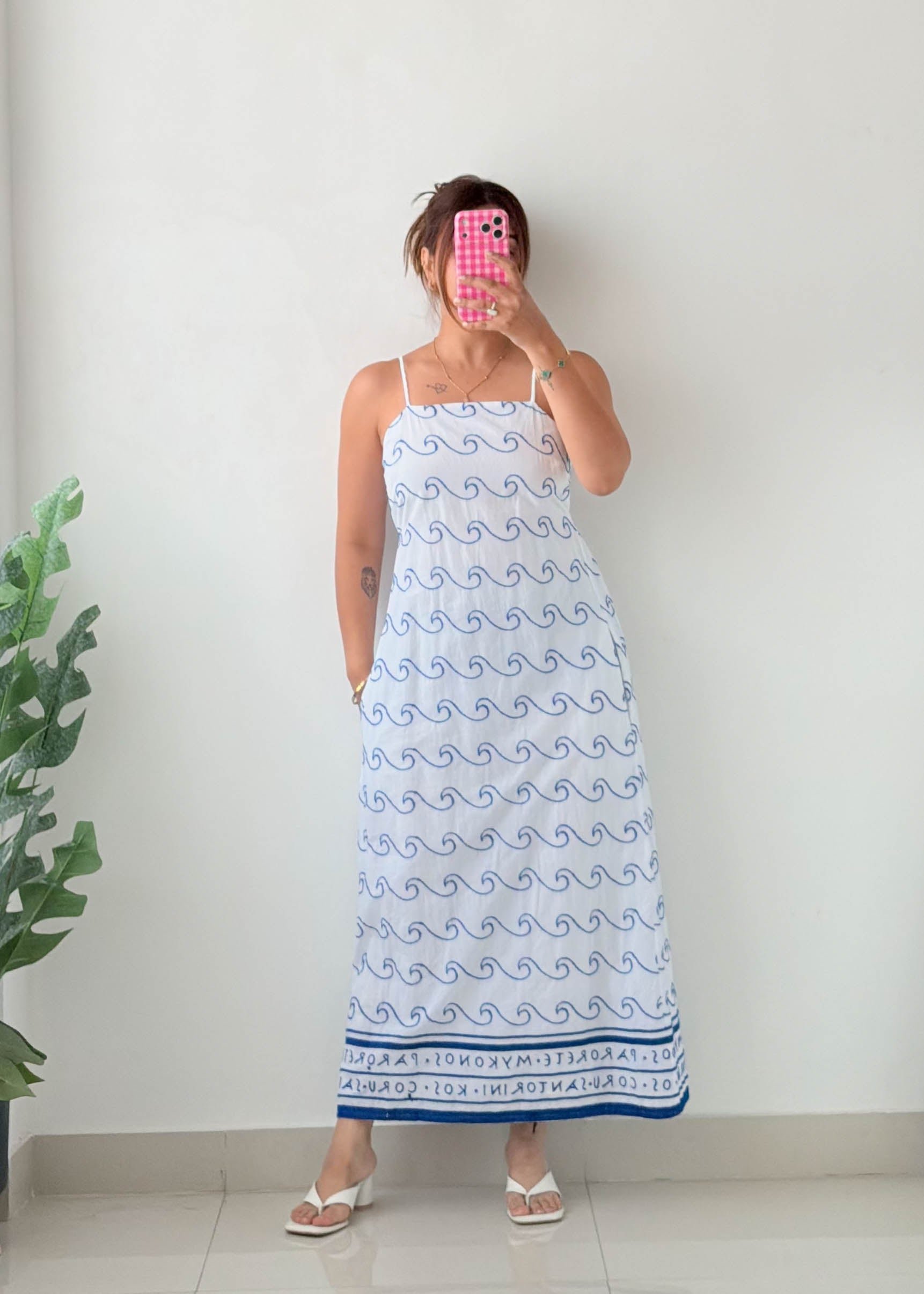 Size S-M White Wave Print Maxi Dress