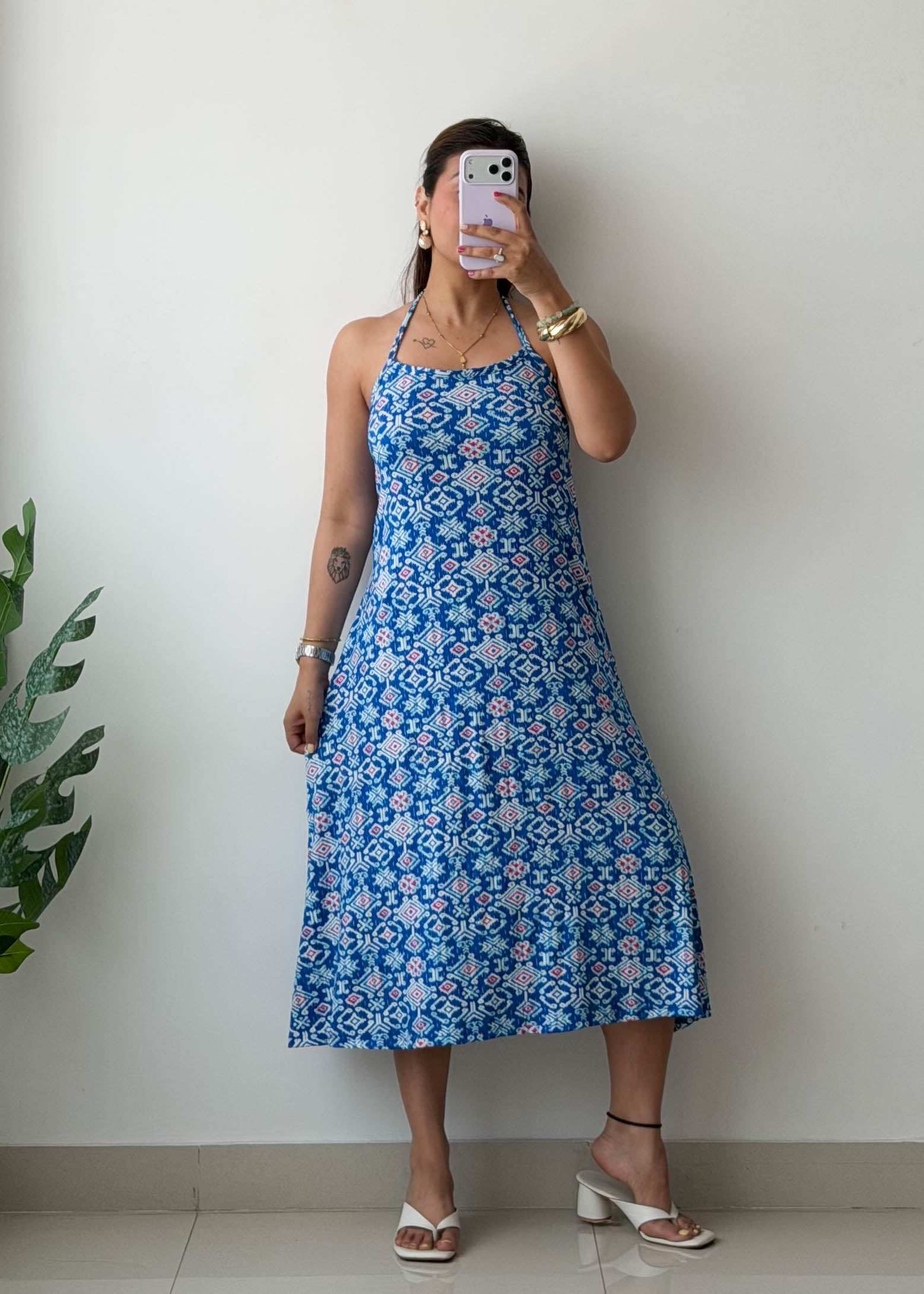 L-XL Blue Printed Midi Dress