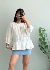 Size M-L, White Cotton Flowy Peplum Top with Puff Sleeves - Closet by Payal