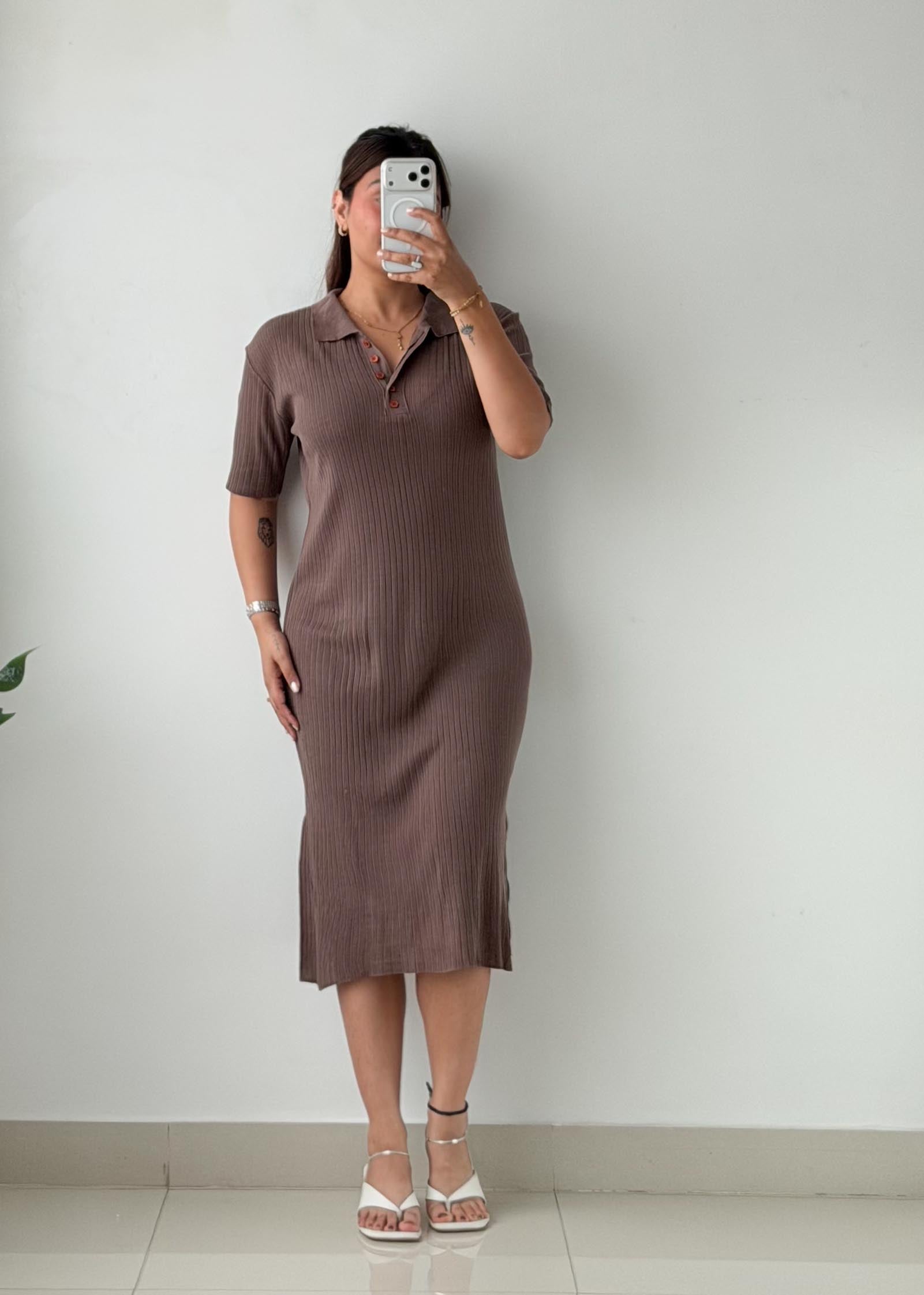 Size M-L Mocha Ribbed Polo Midi Dress