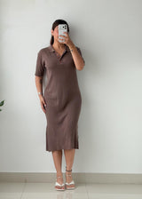 Size M-L Mocha Ribbed Polo Midi Dress