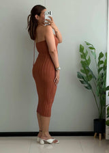 SIZE XS-S, Rust Ribbed Halter Bodycon Midi Dress - Closet by Payal
