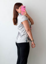 Size M Grey Floral Mandarin Collar Top
