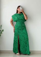 Size XS-S Green Textured Slit Maxi Dress