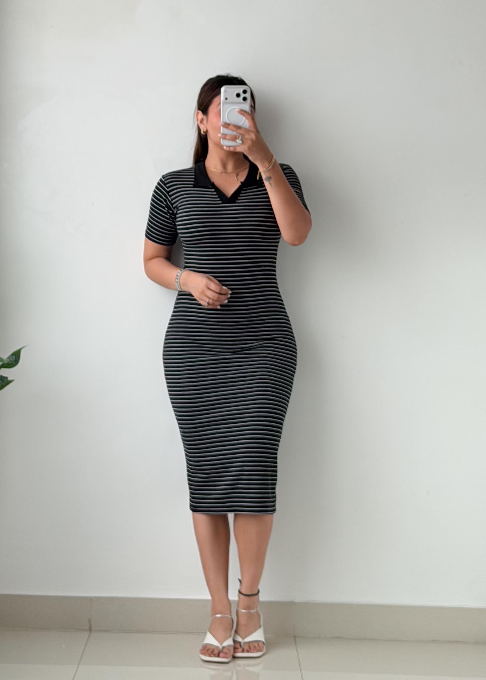 Size XS-S Black Striped Bodycon Midi Dress