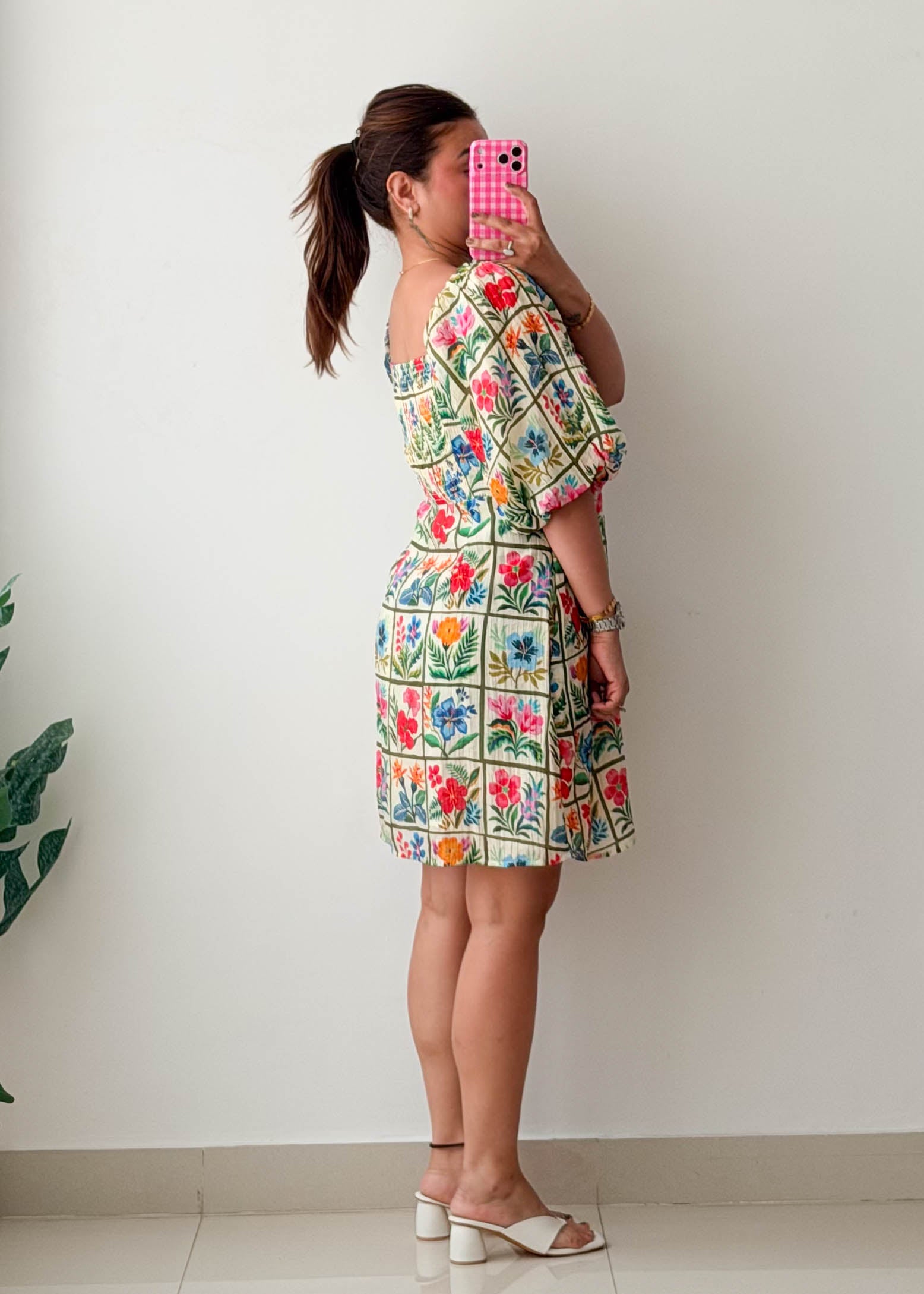 Size XXL Multicolor Floral Grid Print Puff Sleeve Dress