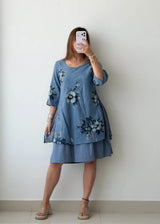 Size M-L, Blue Floral Layered Midi Dress