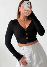 Size XS-S Black Button Front Ribbed Crop Top
