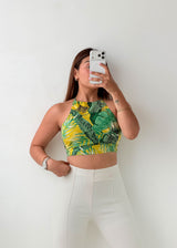 Size XS-S Green Tropical Halter Crop Top